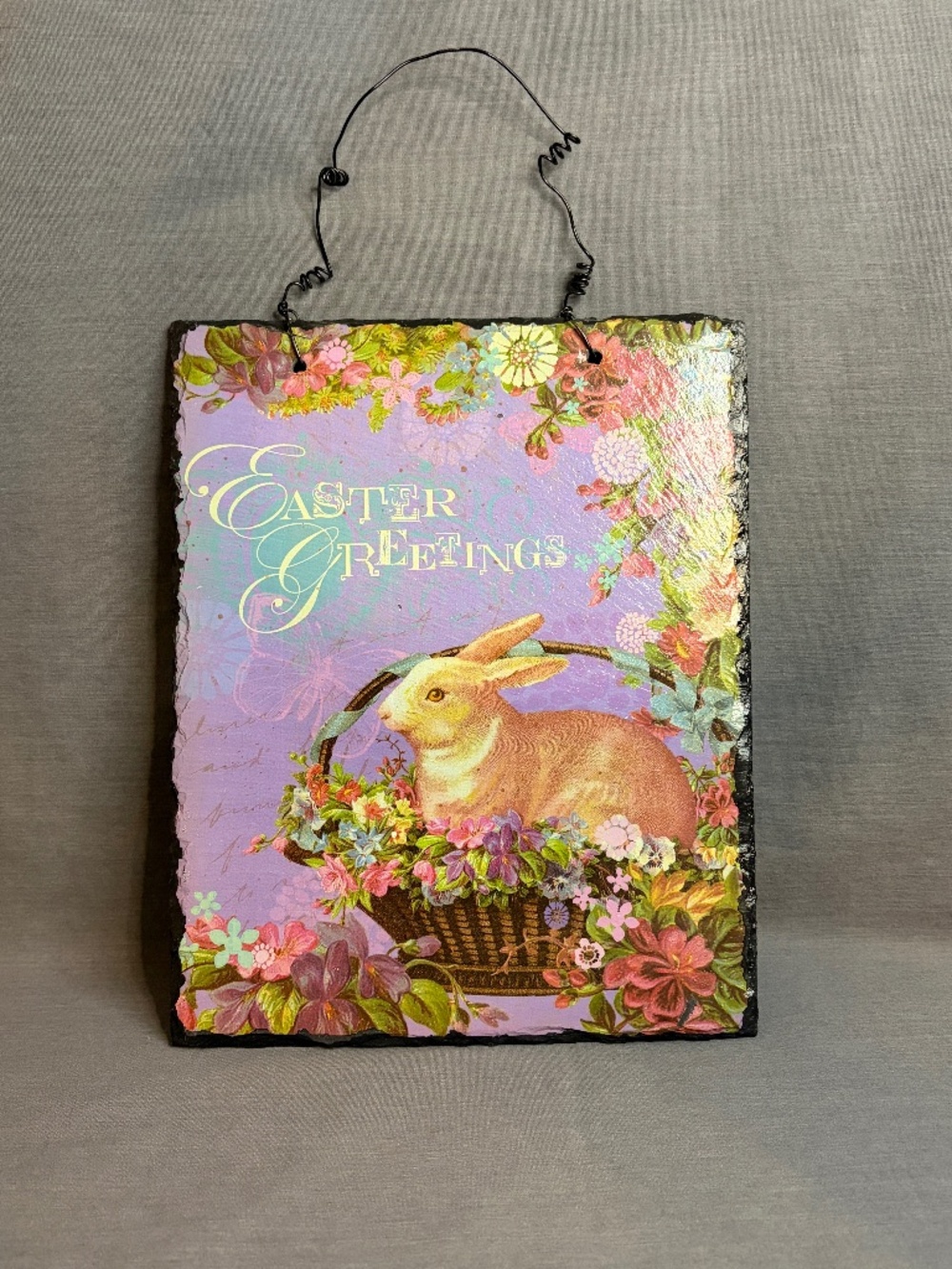 Slate Tile "Easter Greetings" Sign Vintage Style Bunny Rabbit Flower Basket